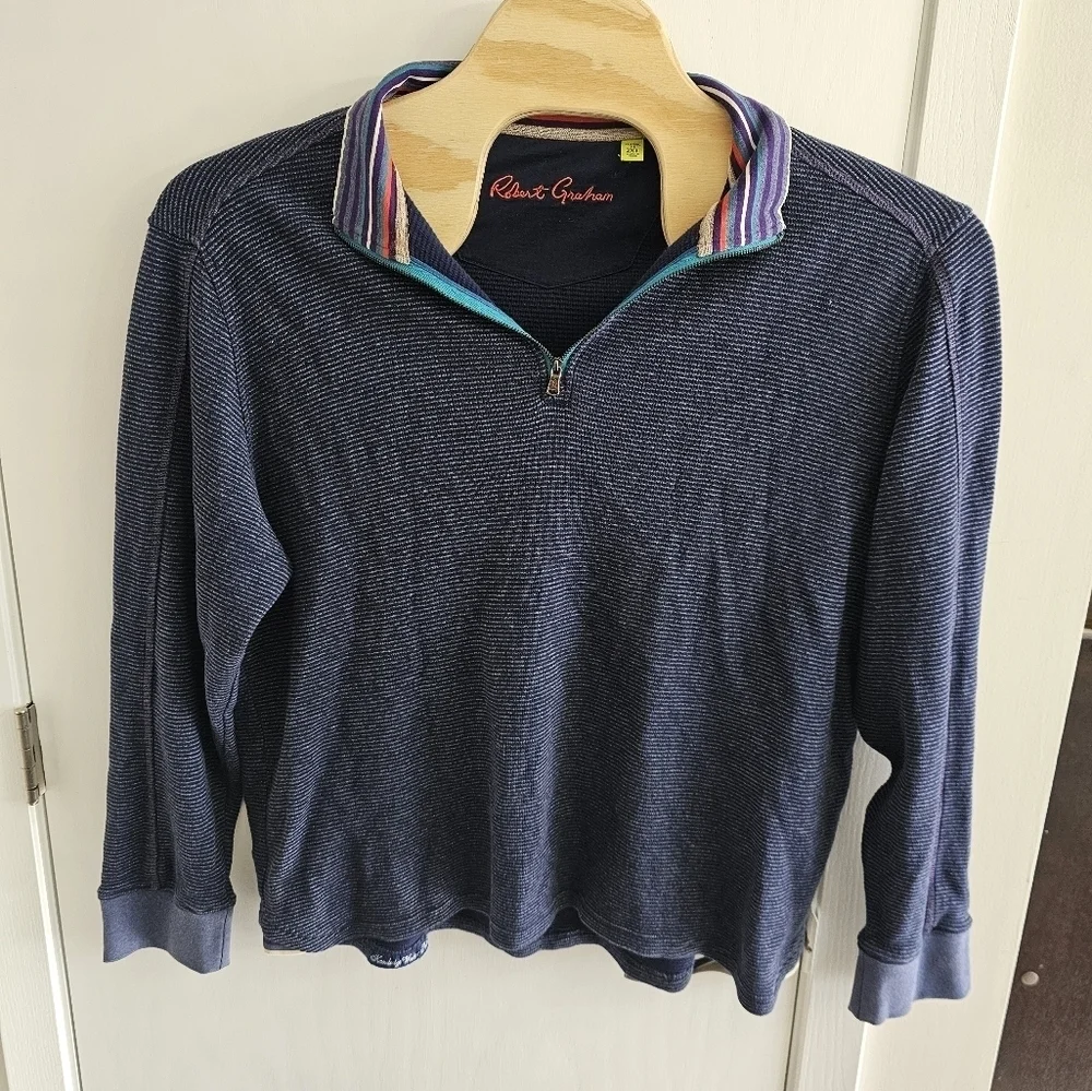 Robert Graham Navy Blue Cotton Sweater Mock Neck 1/4‎ Zip Pinstripe Men’s 2XL